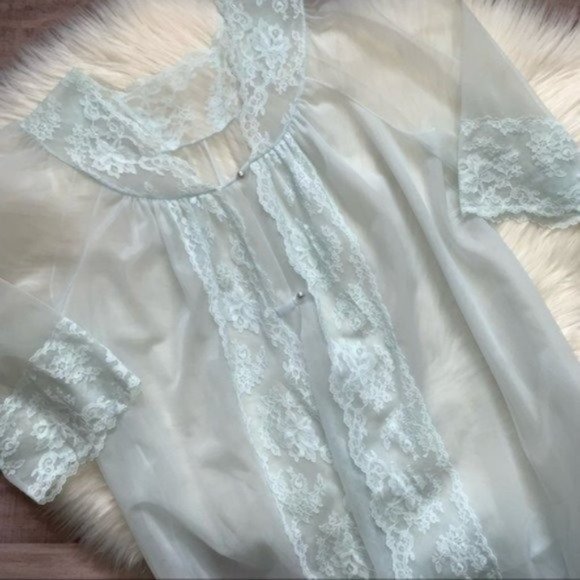 Vintage Other - Vintage 1960s Peignoir Robe Sheer Lace Dusty Pale Blue Long Ankle Length Small